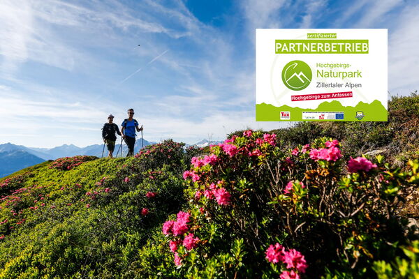 Wanderer bei der Partnerbetriebstafel des Naturparks Zillertaler Alpen