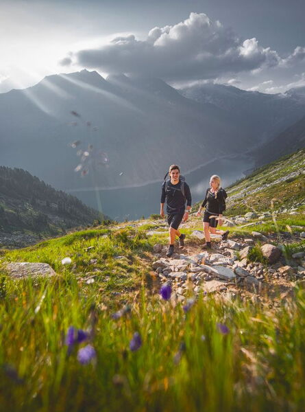 Wanderer auf einem Höhenweg in den Zillertaler Alpen